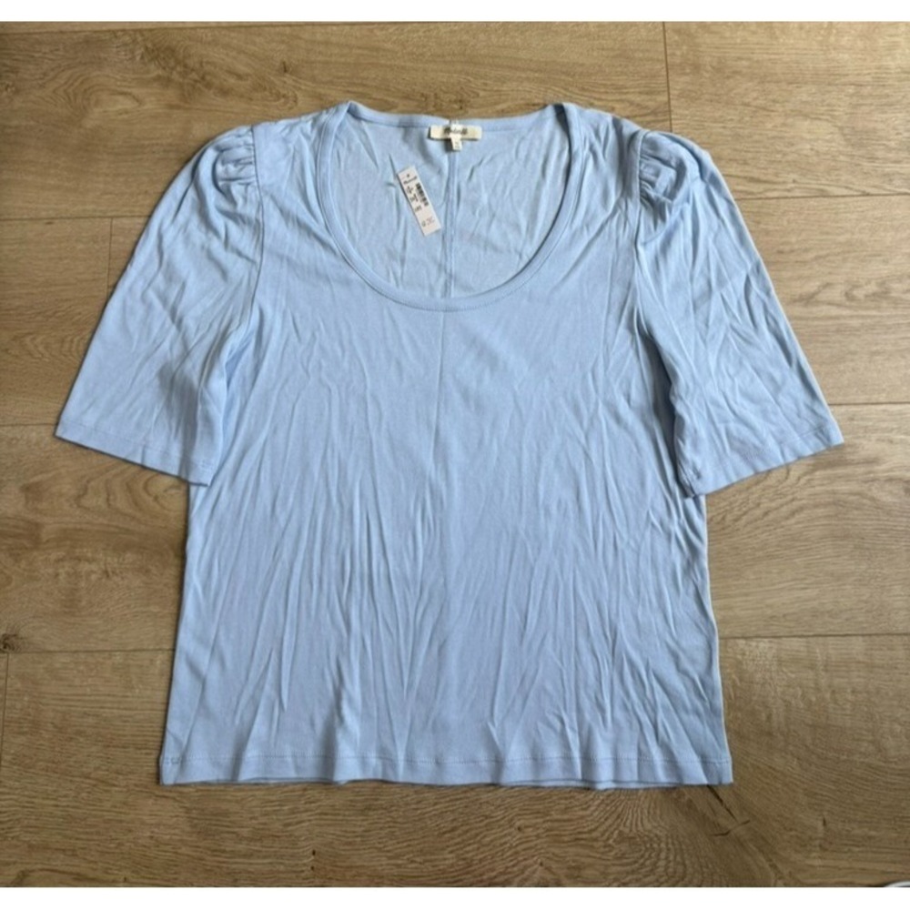 NWT Madewell puff‎ sleeve top scoop neck light blue summer supima cotton size XL